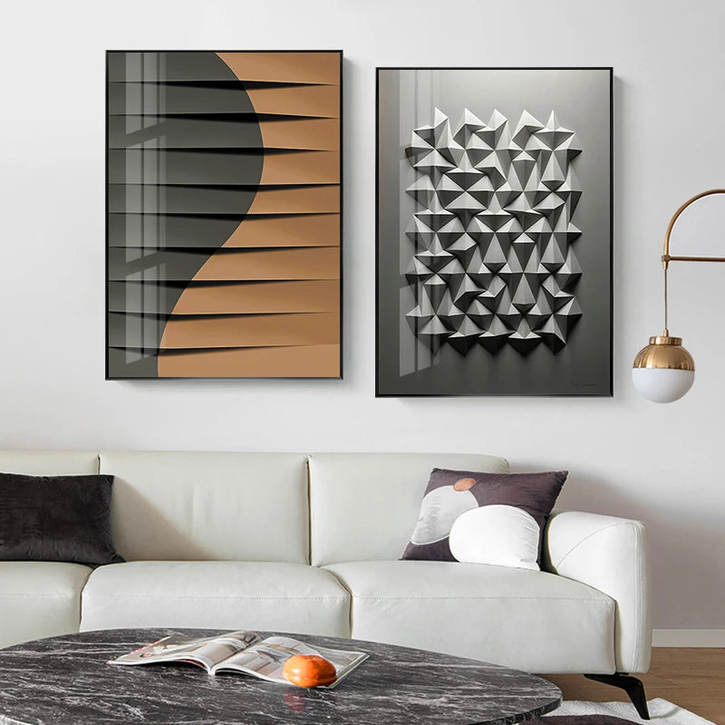 Nordic Minimalist Geometry Posters: Light & Shadow Origami Canvas Art for Modern Living Room Décor