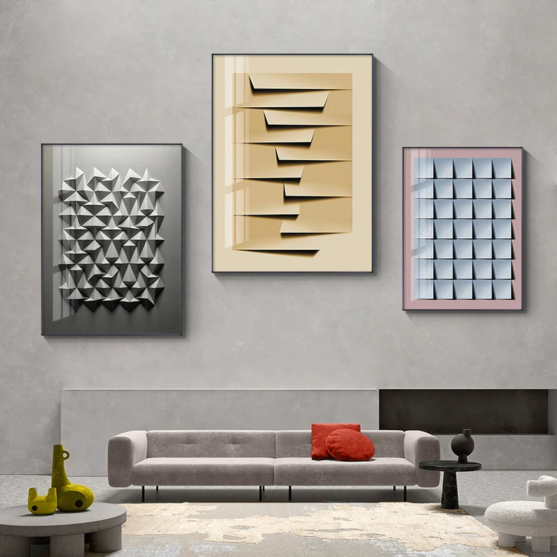 Nordic Minimalist Geometry Posters: Light & Shadow Origami Canvas Art for Modern Living Room Décor