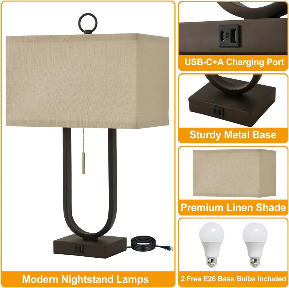 Set of 2 Modern Nightstand Lamps with USB Ports – 24'' Tall, LED Bulbs & Linen Shades