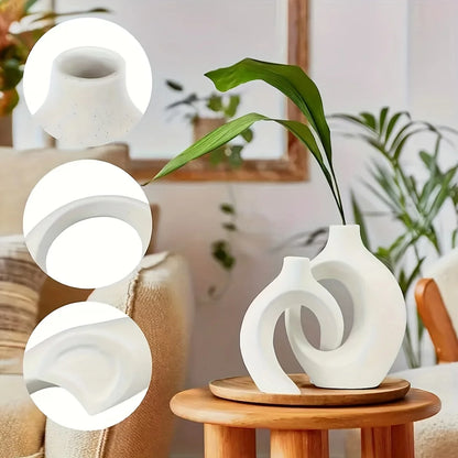 Set of 2 White Ceramic Donut Vases – Modern Boho & Nordic Minimalist Decor Accents