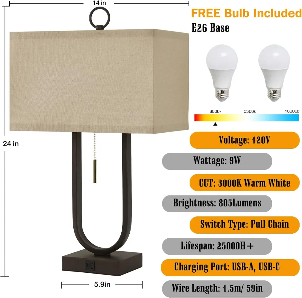 Set of 2 Modern Nightstand Lamps with USB Ports – 24'' Tall, LED Bulbs & Linen Shades