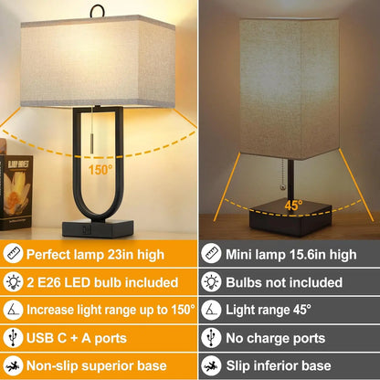 Set of 2 Modern Nightstand Lamps with USB Ports – 24'' Tall, LED Bulbs & Linen Shades