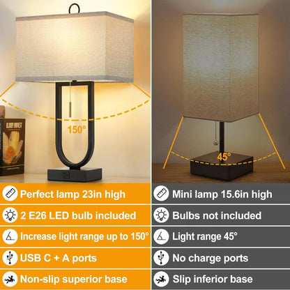 Set of 2 Modern Nightstand Lamps with USB Ports – 24'' Tall, LED Bulbs & Linen Shades