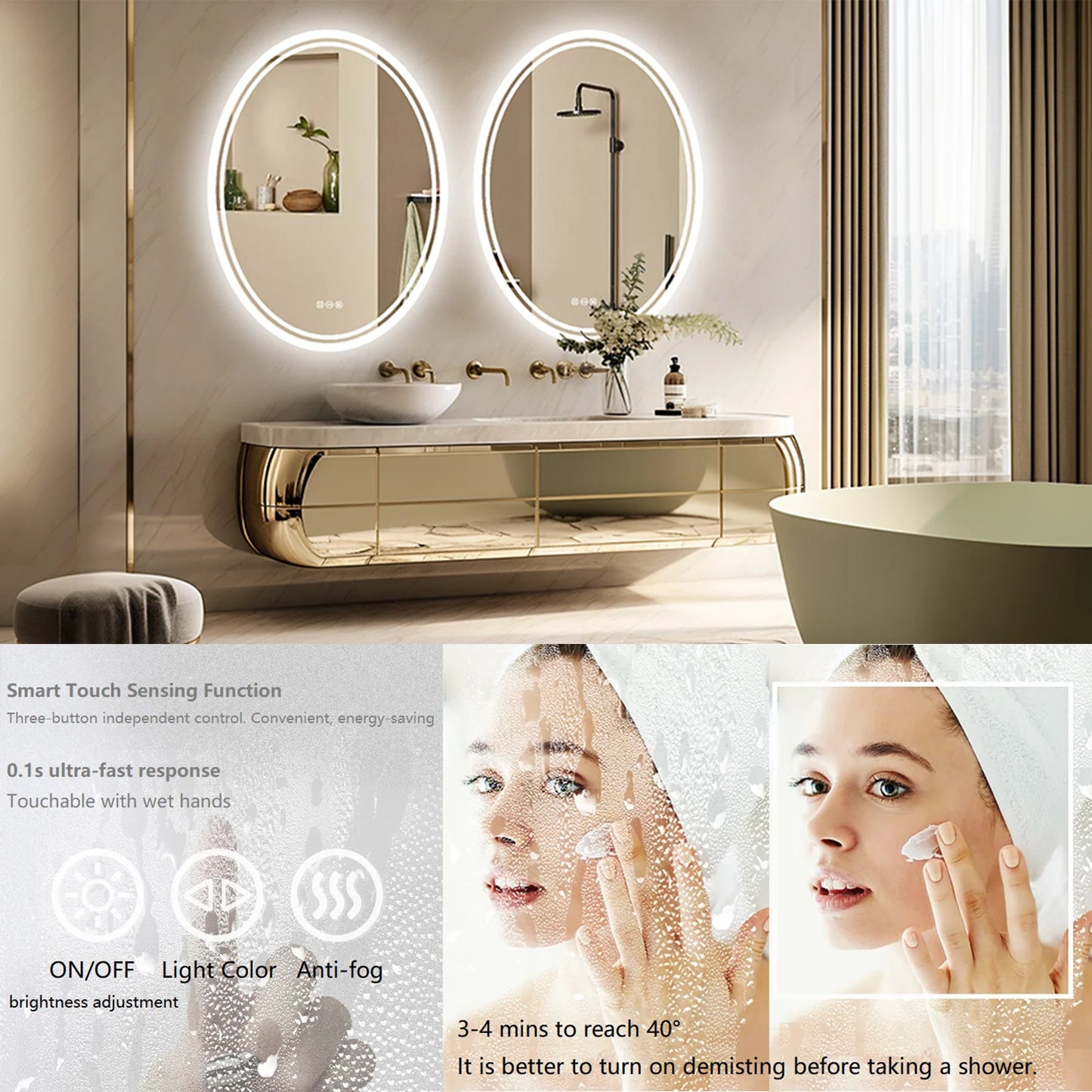 LED Bathroom Mirror Backlit Round Vanity Mirror with Lights Wall Mounted Anti-Fog