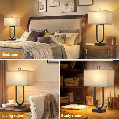 Set of 2 Modern Nightstand Lamps with USB Ports – 24'' Tall, LED Bulbs & Linen Shades