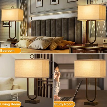 Set of 2 Modern Nightstand Lamps with USB Ports – 24'' Tall, LED Bulbs & Linen Shades