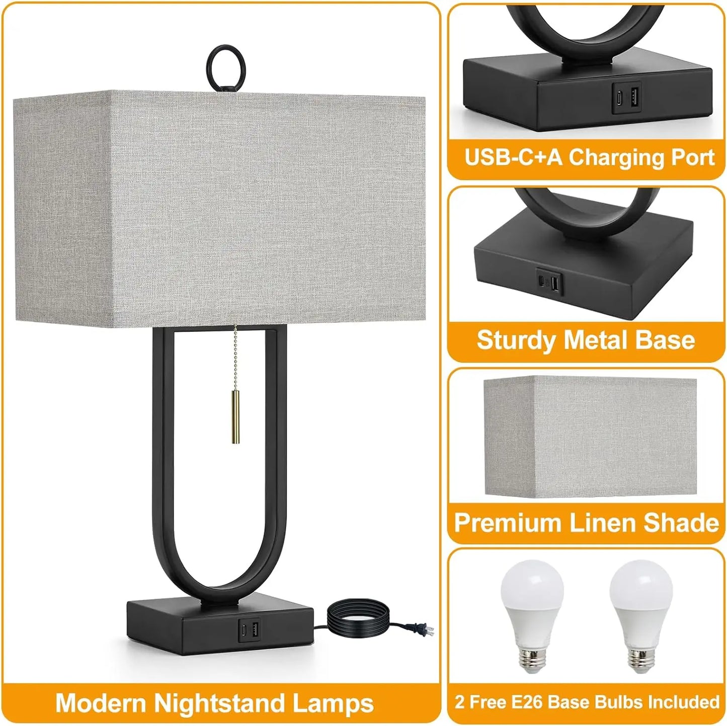 Set of 2 Modern Nightstand Lamps with USB Ports – 24'' Tall, LED Bulbs & Linen Shades