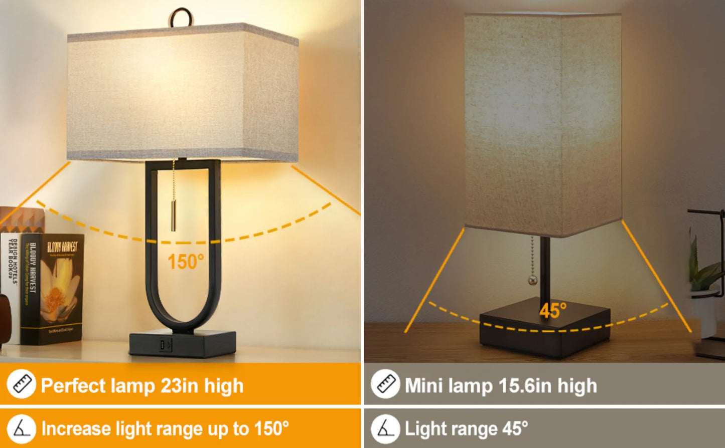 Set of 2 Modern Nightstand Lamps with USB Ports – 24'' Tall, LED Bulbs & Linen Shades