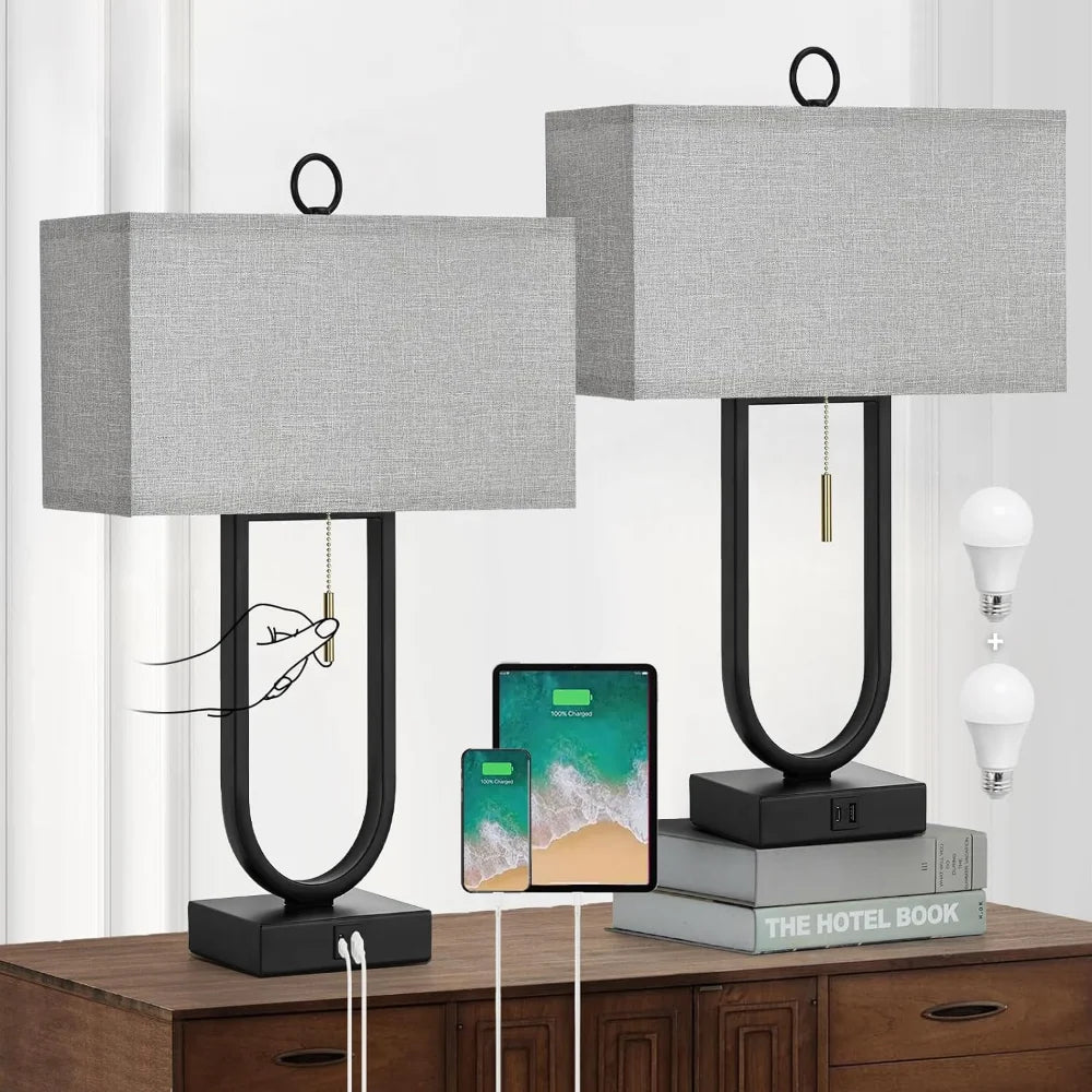 Set of 2 Modern Nightstand Lamps with USB Ports – 24'' Tall, LED Bulbs & Linen Shades