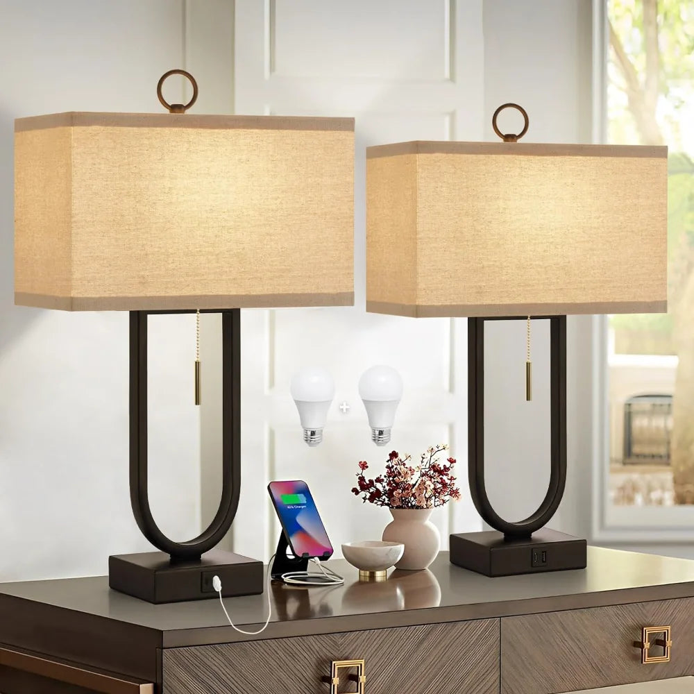 Set of 2 Modern Nightstand Lamps with USB Ports – 24'' Tall, LED Bulbs & Linen Shades